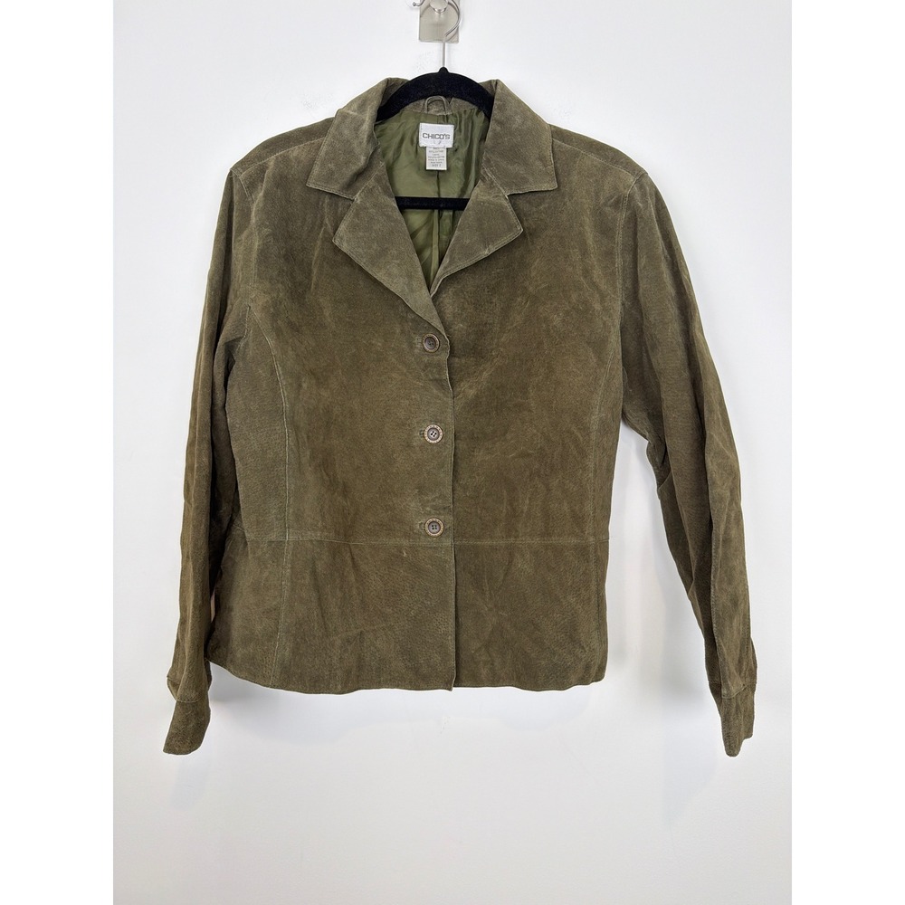 Chico's Leather Blazer Size L Olive Green Suede Jacket Dark Academia Chic